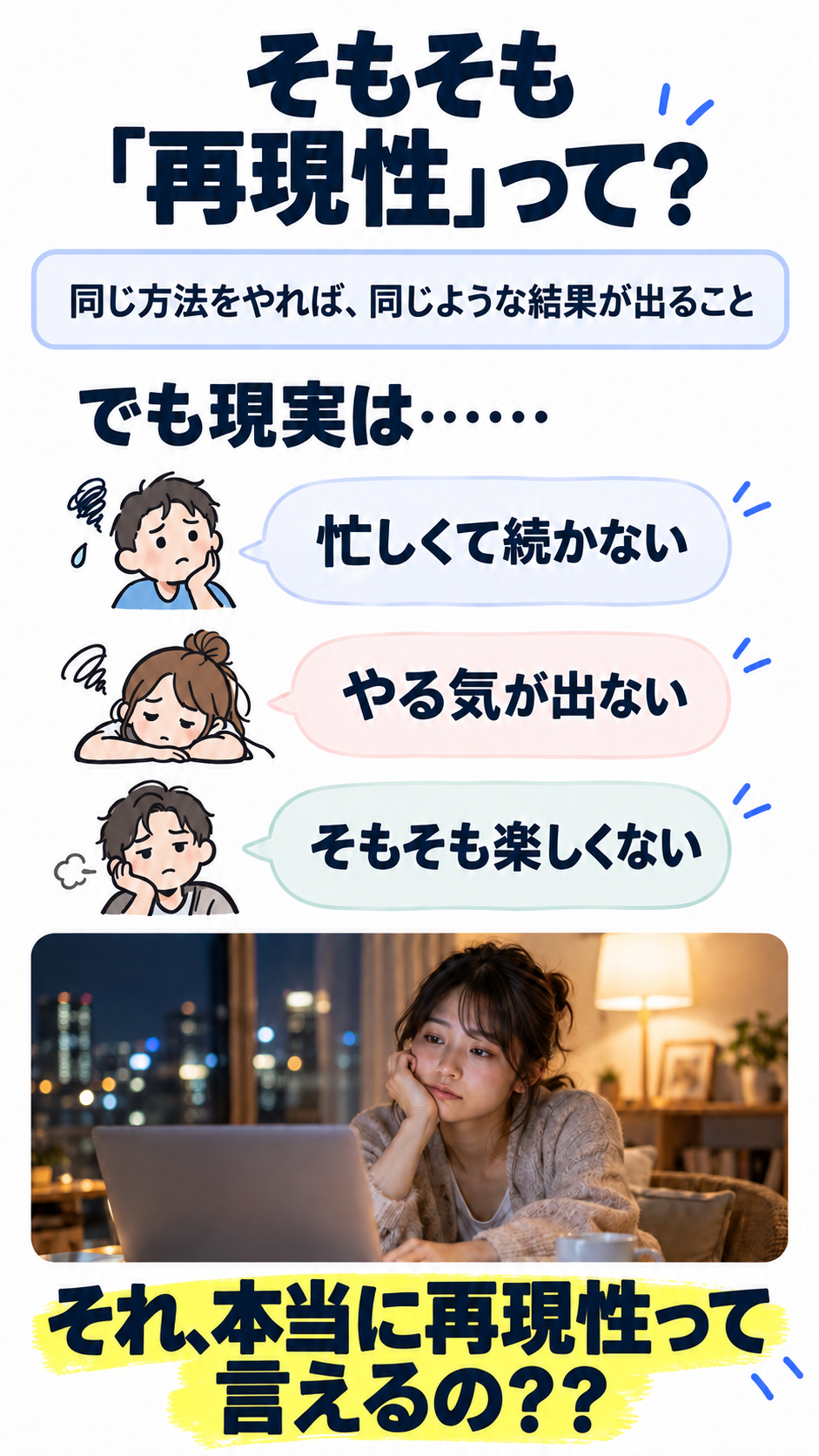 そもそも「再現性」って？ 同じ方法をやれば、同じような結果が出ること でも現実は…… 忙しくて続かない やる気が出ない そもそも楽しくない それ、本当に再現性って言えるの？？