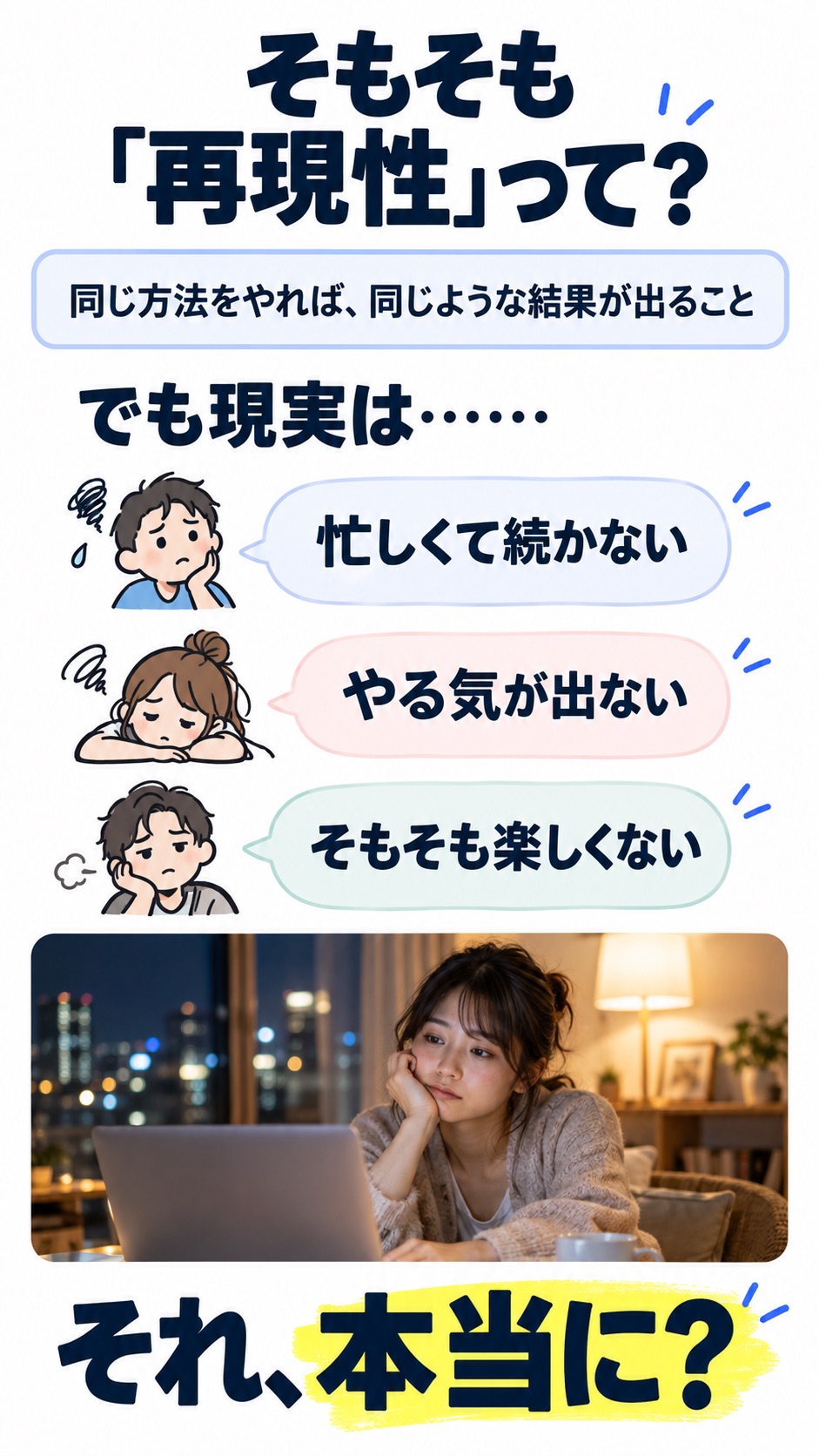 そもそも「再現性」って？ 同じ方法をやれば、同じような結果が出ること でも現実は…… 忙しくて続かない やる気が出ない そもそも楽しくない それ、本当に？