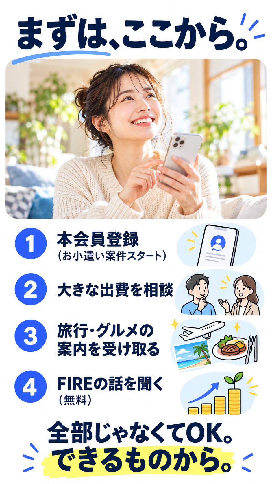 まずは、ここから。 1 本会員登録（お小遣い案件スタート） 2 大きな出費を相談 3 旅行・グルメの案内を受け取る 4 FIREの話を聞く（無料） 全部じゃなくてOK。できるものから。